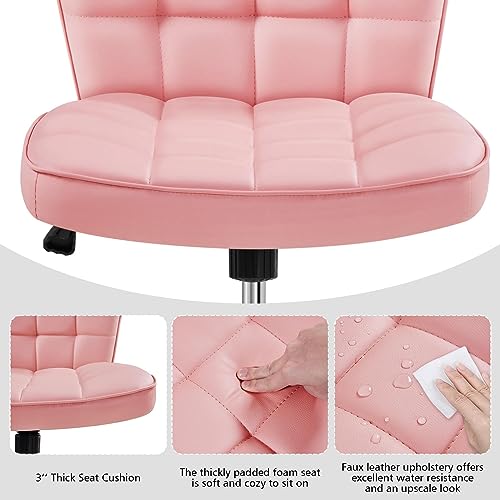 Yaheetech Pink Tufted Armless Office Desk Chair with Wheels, Faux Leather | Thick foam cushioned seat tilts back to relax, lifts 18-22 in, spins 360 degrees, holds 300 lb, and assembles with ease. - color: Pink