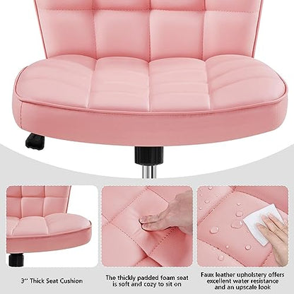 Yaheetech Pink Tufted Armless Office Desk Chair with Wheels, Faux Leather | Thick foam cushioned seat tilts back to relax, lifts 18-22 in, spins 360 degrees, holds 300 lb, and assembles with ease. - color: Pink