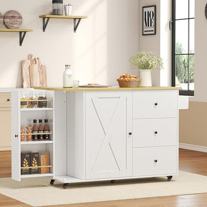 IRONCK Rolling Kitchen Island with Storage & Drop Leaf, 47.2" Kitchen Cart | with 3 Drawers, Spice Rack, Towel Rack, Storage Cabinet, Portable Mobile Island on Wheels, Black - color: White