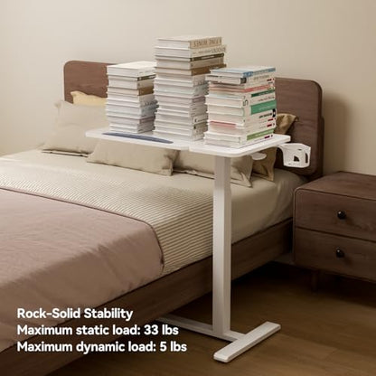Overbed Bedside Table with Wheels, Pneumatic Adjustable Medical Tilt Top Hospital Bed Table Over The Bed, Rolling Laptop Desk, Mobile Standing Desk for Hospital and Home Use, White - color: Pure White