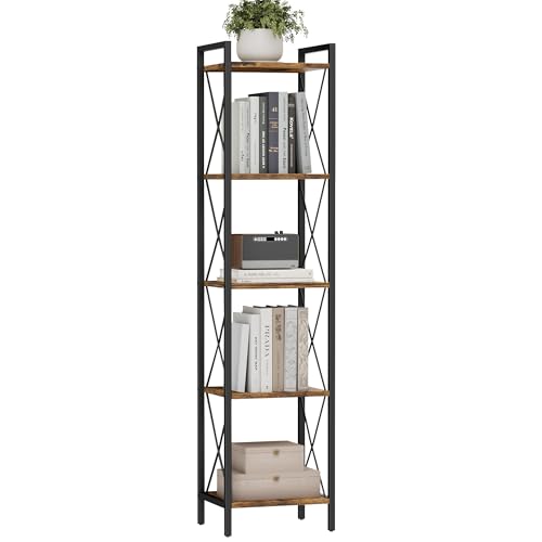 Homhedy 5 Tier Small Bookshelf, Tall Narrow Bookcase, Metal Book Shelf | Industrial Style for Small Spaces, Home, Office, Living Room, Kitchen, Bedroom , 10.4" D x 13" W x 55.1" H, Rustic Brown - color: Rustic Brown, size: 10.4"D x 13"W x 55.1"H