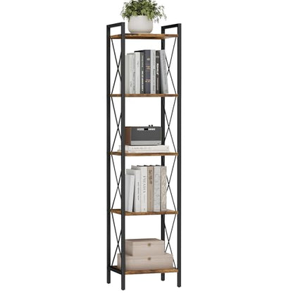 Homhedy 5 Tier Small Bookshelf, Tall Narrow Bookcase, Metal Book Shelf | Industrial Style for Small Spaces, Home, Office, Living Room, Kitchen, Bedroom , 10.4" D x 13" W x 55.1" H, Rustic Brown - color: Rustic Brown, size: 10.4"D x 13"W x 55.1"H