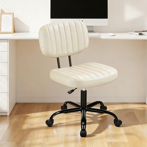 Swivel Rolling Office Chair, Armless Pu Leather Vanity Chair with Back Lumbar Support Height Adjustable Computer Chair, Small Desk Chair for Home Office, Beige White - color: Beige White