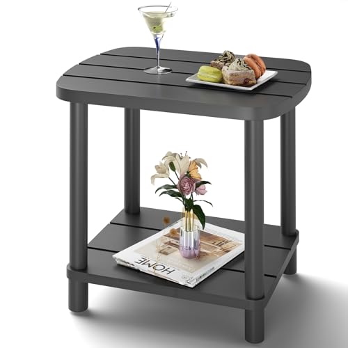 Outdoor Side Table with 2-Tier, Bamboo Small Patio Adirondack Oval Tables | Grey,Easy Assembly,Easy Maintenance,Weather Resistant,Indoor,Outdoor,Patio,Pool,Porch - color: Grey, size: Oval Table