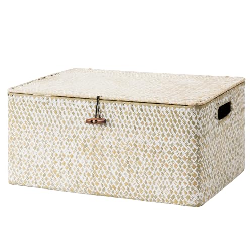 StorageWorks Wicker Baskets with Lids, Seagrass Basket with Lid, White | Woven Baskets with Lids for Shelves, Wicker Storage Baskets with Lids, Decorative Box, Lidded Baskets for Organizing, 1 Pack - color: White(Seagrass), size: 15"L × 11"W × 7"H