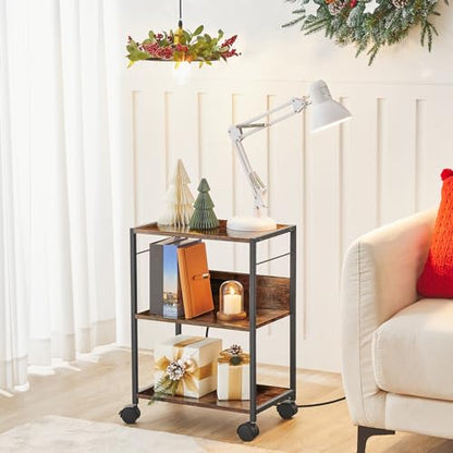 MAHANCRIS Industrial Printer Cart, 3-Tier Mobile Printer Stand, Rolling Cart with Power Outlets and USB Ports, Home Printer Stand with 2 Hooks, for Office, Living Room, Rustic Brown PTHR40E01Z - color: Rustic Brown