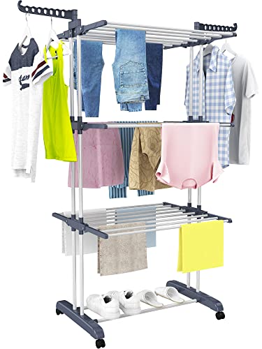 HOMIDEC Clothes Drying Rack, 4-Tier(67.7" H) Foldable Drying Rack Clothing | Foldable Stainless Steel Drying Rack, Movable Laundry Drying Rack with 4 Castors and 14 Hooks for Bed Linen, Clothing, Grey - color: Gray