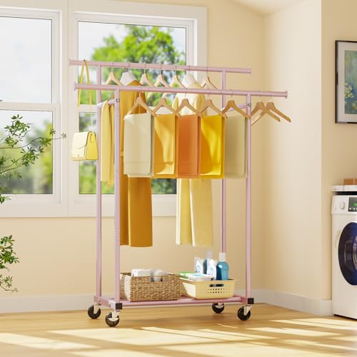 HYSEYY Double Rods Clothes Rack, Sturdy Rolling Clothing Rack, Portable Clothing Racks for Hanging Clothes - Metal Garment Rack Wardrobe Coat Rack for Bedroom Laundry Living Room, Pink - color: Pink