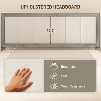 HOMCOM Full Size Bed Frame, Upholstered Headboard, Wooden Slats, Gray | Platform Bed Frame, No Box Spring Needed, Easy Assembly - size: Full