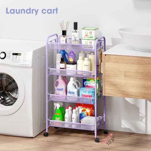 TOOLF 4 Tier Rolling Cart, Metal Utility Storage Cart with Wheels, Purple | 3 Hooks, Screwless Assembly, Trolley Organizer for Bathroom, Kitchen, Office, Nursery, Dorm, Laundry Room - color: Purple, size: 4-Tier