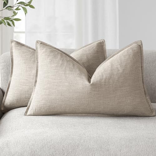 Foindtower Pack of 2, Decorative Linen Solid Throw Pillow Covers Soft Accent Lumbar Cushion Case Farmhouse Pillowcase for Chair Couch Sofa Bedroom Living Room Home Decor 12 x 20 Inch Natural Linen - color: Natural Linen, size: 20" x 12" (Pack of 2)