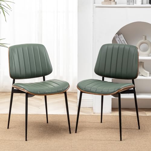 LUNLING Dining Chairs Set of 4 Mid Century Modern Retro Faux Leather Chair with Walnut Bentwood Upholstered Seat Metal Legs Chairs,Adjustable Foot for Kitchen Dining Room Chairs(Green) - color: Green, size: Set of 4