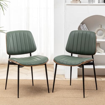 LUNLING Dining Chairs Set of 4 Mid Century Modern Retro Faux Leather Chair with Walnut Bentwood Upholstered Seat Metal Legs Chairs,Adjustable Foot for Kitchen Dining Room Chairs(Green) - color: Green, size: Set of 4