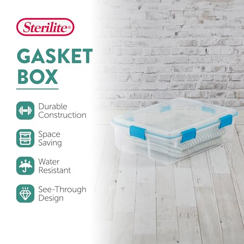 Sterilite Gasket Storage Box with Lids for Home & Office, 37 Quart, 8-Pack | Heavy-Duty, Stackable, and Organizing Containers for Bathroom, Cabinet, Closet, and Garage, Clear and Blue Aquarium Latches - size: 37 Quart, style: 8 Pack