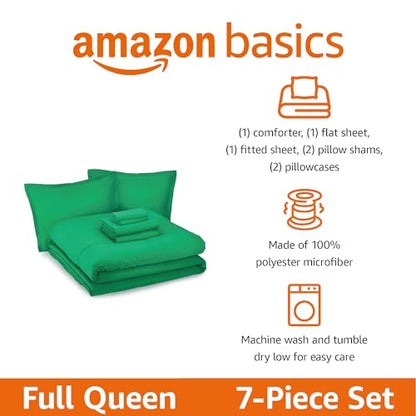 Amazon Basics 7-Piece Soft, All-Season Microfiber Kid's Bed-in-a-Bag Bedding Set with Comforter, Sheets, Pillow Shams and Pillowcases, Full/Queen, Solid Green - color: Green, size: Full/Queen