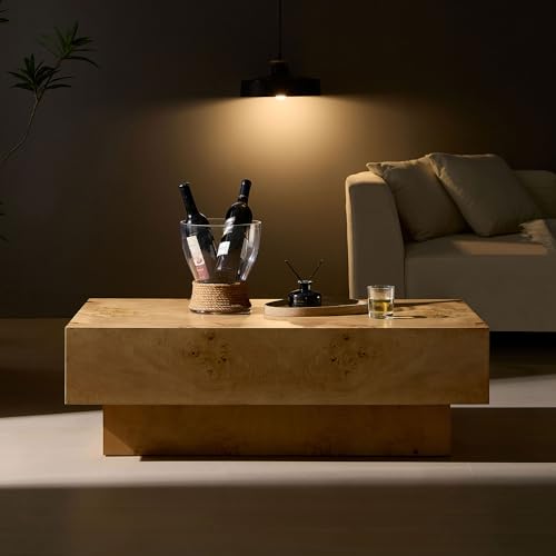 43.31" Rectangle Coffee Table with Burl Wood Veneer & Sturdy Base, Modern Luxury Wood Drum Center Table End Table Accent Side Table for Living Room, Minimalist Fluted Design, Oak - color: 43.31" Rectangle Style 2, Burl Wood Veneer