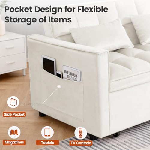 Convertible Sofa Bed, Pull Out Couch with Side Pockets, 3 in 1 Velvet Fabric Loveseat Sleeper Sofa Bed, Pull Out Couch with Adjustable Backrest for Living Room, Bedroom, Apartment, White