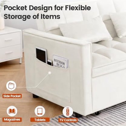 Convertible Sofa Bed, Pull Out Couch with Side Pockets, 3 in 1 Velvet Fabric Loveseat Sleeper Sofa Bed, Pull Out Couch with Adjustable Backrest for Living Room, Bedroom, Apartment, White