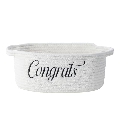 Gift Basket Empty small woven cute Rope baby basket- Gifts for Mom Shower | baby basket- Gifts for Mom Shower Birthdays wedding wicker Cotton Storage Basket for Dog Toys Shelf Easter Basket - color: White-Congrats‌