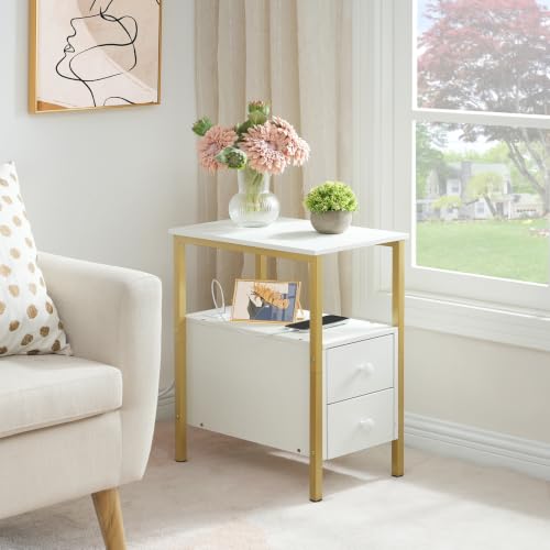 HOOBRO End Table with Charging Station, Narrow Side Table with 2 Drawer & USB Port & Power Outlets, Nightstand for Small Spaces, Stable and Sturdy, for Living Room, Bedroom, Gold and White DW541BZ01 - color: Gold + White