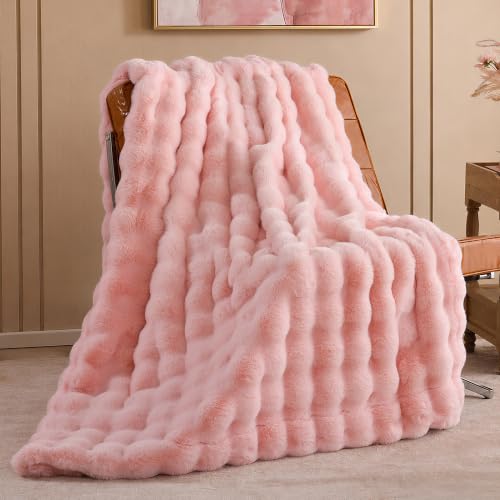 Faux Rabbit Fur Throw for Couch - Blush Pink Bubble Blanket 50"x60" | Fluffy Plush Fuzzy Throw for Sofa & Bed, Super Soft Cozy Comfrt Blanket, Luxury Aesthetic Pink Decor Gift for Women - color: Pink, size: Throw(50" x 60")