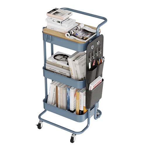 DTK 3-Tier Rolling Cart with Table Top, Metal Utility Cart with Side Bags | Tray Storage Organizer, Lockable Wheels, 4 Hooks, Art Cart for Kitchen, Bathroom, Office, Craft room, Living room, Blue - color: Blue, size: Large
