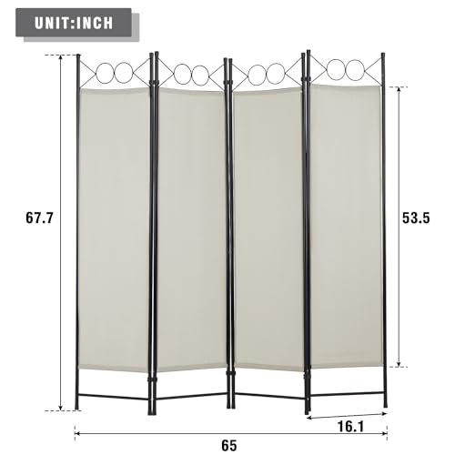 4 Panel Room Divider 6FT Steel Frame Screen Folding Privacy Divider Freestanding Partition for Home Office Bedroom (Beige) - color: Beige