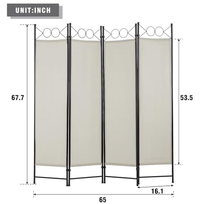 4 Panel Room Divider 6FT Steel Frame Screen Folding Privacy Divider Freestanding Partition for Home Office Bedroom (Beige) - color: Beige