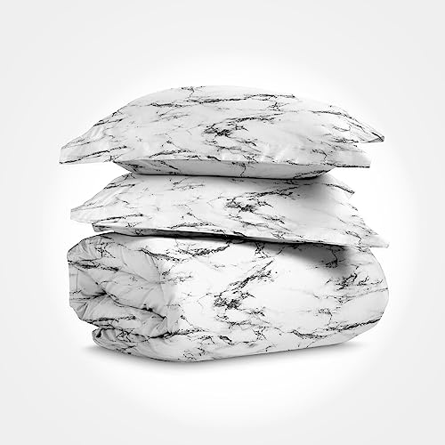 Pizuna 100% Cotton Marble Print Queen Duvet Cover Set 400TC White | Long Staple Combed Cotton Sateen Weave 3 Piece Queen Comforter Cover Set Luxurious Breathable Cooling Bedding Set - color: 04 Marble White, size: Queen