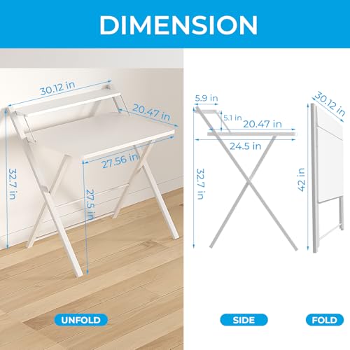 GreenForest Folding Desk No Assembly Required Large Size, 2-Tier Foldable Computer Desk with Shelf for Home Office, Space Saving Portable Laptop Study Foldable Table for Bedroom, White | Portable Foldable Table for Laptop, 2-Tier Compact with Shelf, Space