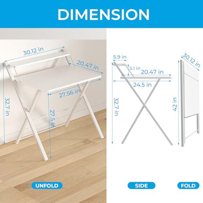 GreenForest Folding Desk No Assembly Required Large Size, 2-Tier Foldable Computer Desk with Shelf for Home Office, Space Saving Portable Laptop Study Foldable Table for Bedroom, White | Portable Foldable Table for Laptop, 2-Tier Compact with Shelf, Space