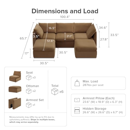 mopio Oversized Modular Sectional Sofa with Fully Removable Covers and Storage, Convertible U, L-Shaped and Sleeper Sectional, Modern Couches with Ottoman Chaise (Hazelnut Velvet, 5 Seats, U) - color: [Gen 2] Hazelnut Velvet, size: 5 Seats, U