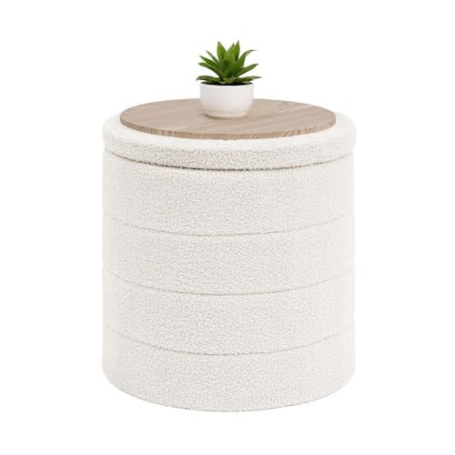 B FSOBEIIALEO Folding Storage Ottoman, Round Sherpa Ottomans, Cream White | 16.9" Foldable Ottoman With Tray, Boucle Foot Stool, Small Storage Coffee Table for Living Room, Bedroom, Hallway - color: White, size: 16.9"D x 16.9"W x 17.7"H