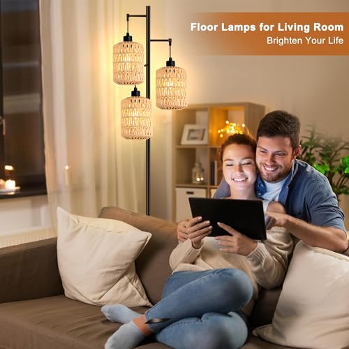 QIYIZM Floor Lamp for Living Room,Bedroom,3-Lights Boho Rattan Tree Floor Lights,Industrial Black Farmhouse Standing Lamp Wicker Rustic Tall Lamp,Woven Bamboo LampShade Floor Lamps Bohemian - size: 20-Floor Lamp