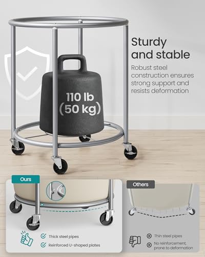 SONGMICS Laundry Basket, Rolling Steel Frame with 2 Locking Wheels, 190 L | Heavy-Duty Laundry Hamper Cart with Removable Bag, White and Metallic Silver, URLS01MZ - color: Cream White + Metallic Silver, size: 190 L (1-Section)