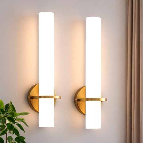 Hardwired Wall Sconces Set of Two 18 Inch Gold Bathroom Wall Sconces 18W 2700K-5000K LED Dimmable Modern Wall Lights with Acrylic Lampshade Brushed Gold Sconces for Bedroom Living Room Hallway - color: Gold, size: Hardwired (18in-2pcs)