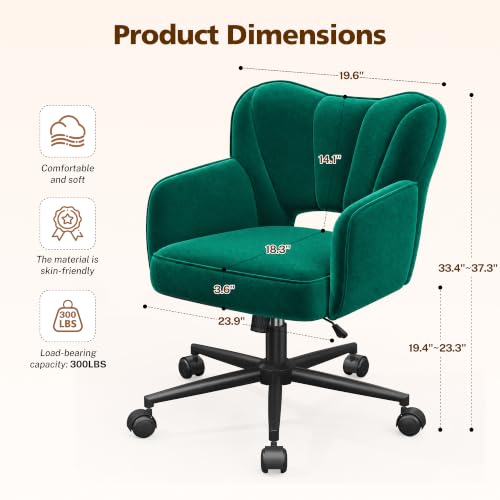 DurayLoly Desk Chair with Shell Back & 360° Swivel Wheels | Comfy Velet Vanity Chair,Adjustable Height,Stylish and Comfortable for Makeup, Work & Relaxation,Dark Green - color: Dark Green