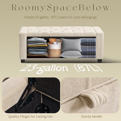SUNWAVE Storage Ottoman Bench, Linen Fabric Ottoman with Storage | Button Tufted, Safety Hinge Lid, Large Ottoman for Bedroom, Living Room & Entryway