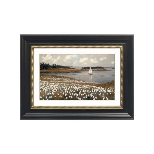 Gatheroad Black Framed Vintage Canvas Wall Art Prints, Landscape Floral Wall Art, Retro Rustic Aesthetic Nautical Bathroom Decor, Classic Home Accent for Living Room Bedroom Office, 12x16in - color: Soft Sailboat, size: 12X16inch