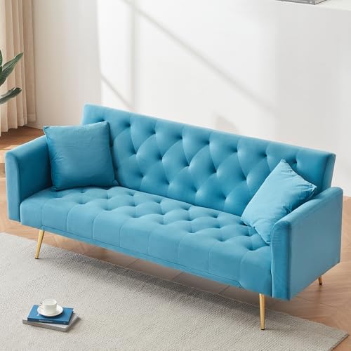 71" Modern Velvet Sofa Bed Futon, Convertible Sleeper Couch, Adj. Backrest | Tufted Recliner Loveseat Design with Golden Chrome Legs & 2 Pillows, Perfect for Small Spaces, Living Room, Apartment - color: Light Blue
