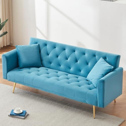 71" Modern Velvet Sofa Bed Futon, Convertible Sleeper Couch, Adj. Backrest | Tufted Recliner Loveseat Design with Golden Chrome Legs & 2 Pillows, Perfect for Small Spaces, Living Room, Apartment - color: Light Blue