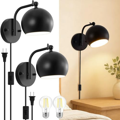 Plug in Wall Sconces Set of 2, Adjustable Angle Black Wall Lights with Plug in Cord & On/Off Switch, Bedside Wall Mount Lamps with Globe Shade for Bedroom Living Room Bathroom (2 Bulbs Included)