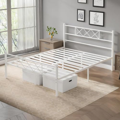 VECELO Full Size Bed Frame with Headboard, Heavy Duty Bedframe with Strong Metal Slats, No Box Spring Needed & Easy Assembly, Pure White - color: Pure White, size: Full