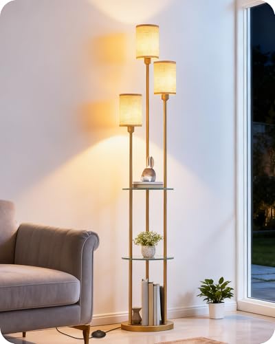 Floor Lamp with Shelves, Modern Floor Lamp with 3 Linen Shades and Foot Switch, 3-Light Standing Lamp, for Living Room, Bedroom, Study, Office, Gold and Beige ED53LD05 - color: Gold + Beige