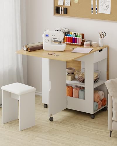 Mondeer 55" Folding Dining Table and Chairs Set 4, Cushioned Stools | 2 Drawers, Storage Shelves, Space Saving Table and Chairs for Kitchen Dining Room Small Spaces, Oak and White - color: Oak and White