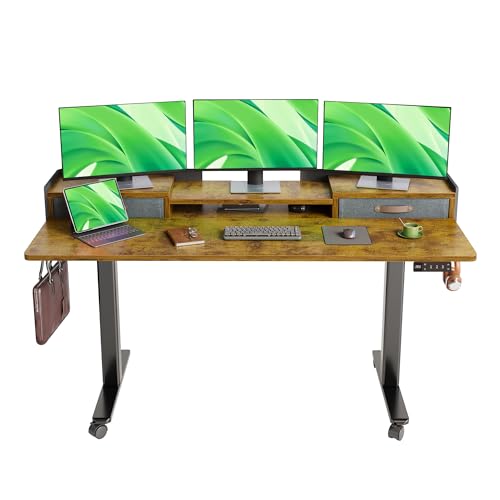 Claiks Standing Desk with Drawers & Wheels, 2 Height Shelf 63" Rustic Brown | 2 height adjust shelf, tabletop drawers, felt fence design, sturdy supports 176 lbs, 4 wheels, 2 tire monitor stand - color: Rustic Brown, size: 63×23.6