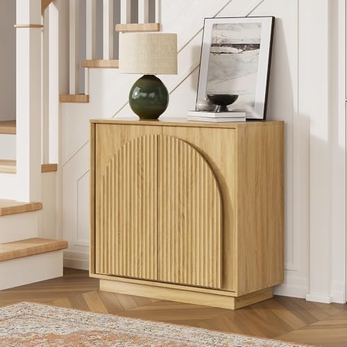 win2win 31.5" Small Buffet Cabinet with Storage, Arched Doors, Oak, 1PCS | Modern Console Cabinet for Dining Living Room Kitchen Entryway, Modular Accent Cabinet, Credenza with Wood Grain, Fluted - color: Oak