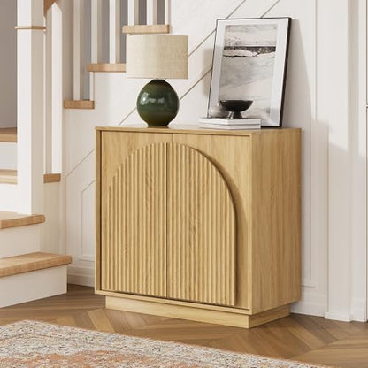 win2win 31.5" Small Buffet Cabinet with Storage, Arched Doors, Oak, 1PCS | Modern Console Cabinet for Dining Living Room Kitchen Entryway, Modular Accent Cabinet, Credenza with Wood Grain, Fluted - color: Oak