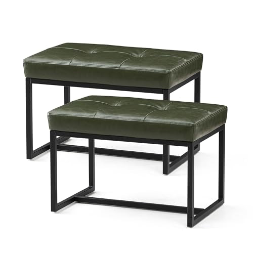 Glitzhome Ottoman Bench Pack of 2, Modern PU Leather Vanity Stools Chairs with Metal Frame, Makeup Stool Padded Foot Rest Stool for Living Room Vanity, Entryway, Bathroom,Green - color: Green, Pack of 2