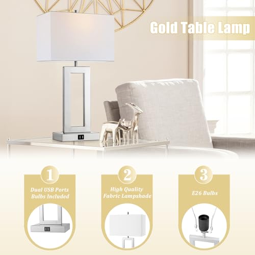 gernehop Silver Table Lamps Set of 2 with Dual USB Ports,3-Way Dimmable Touch Control Bedside Lamps,Modern Bedroom Table Lamp for Living Room,Nightstand LED Bulbs Included - color: 22Inch Silver